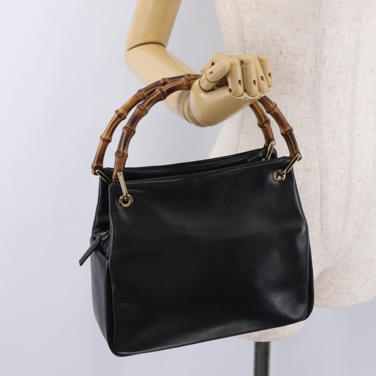 GUCCI Bamboo Hand Bag Leather Black Gold 000 2865 0575 Auth ep16220