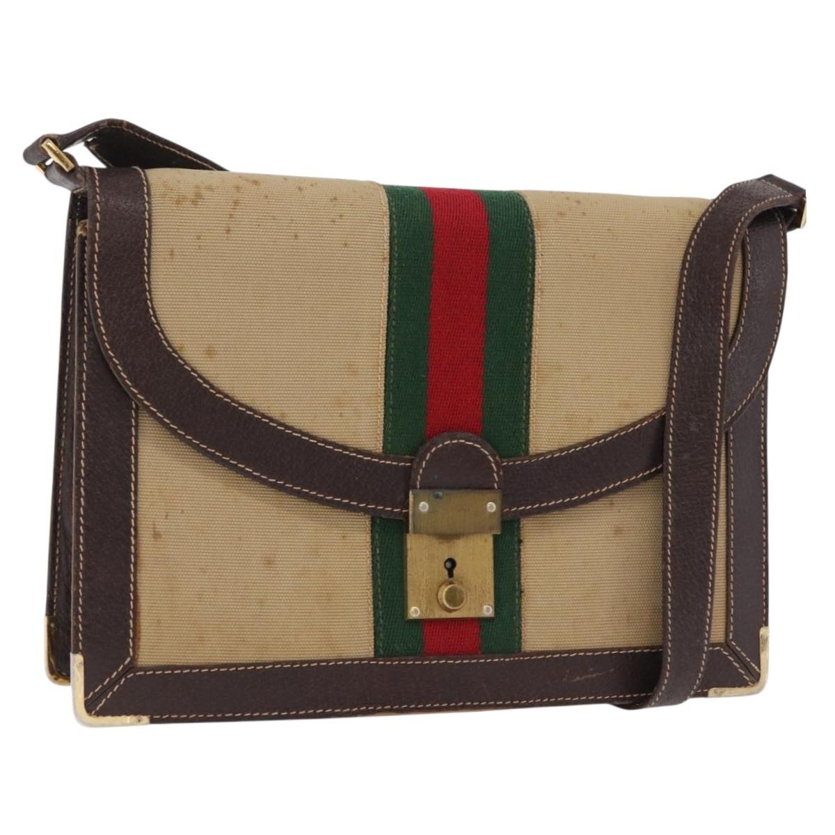 GUCCI Web Sherry Line Shoulder Bag Canvas Beige Gold Auth ep16256