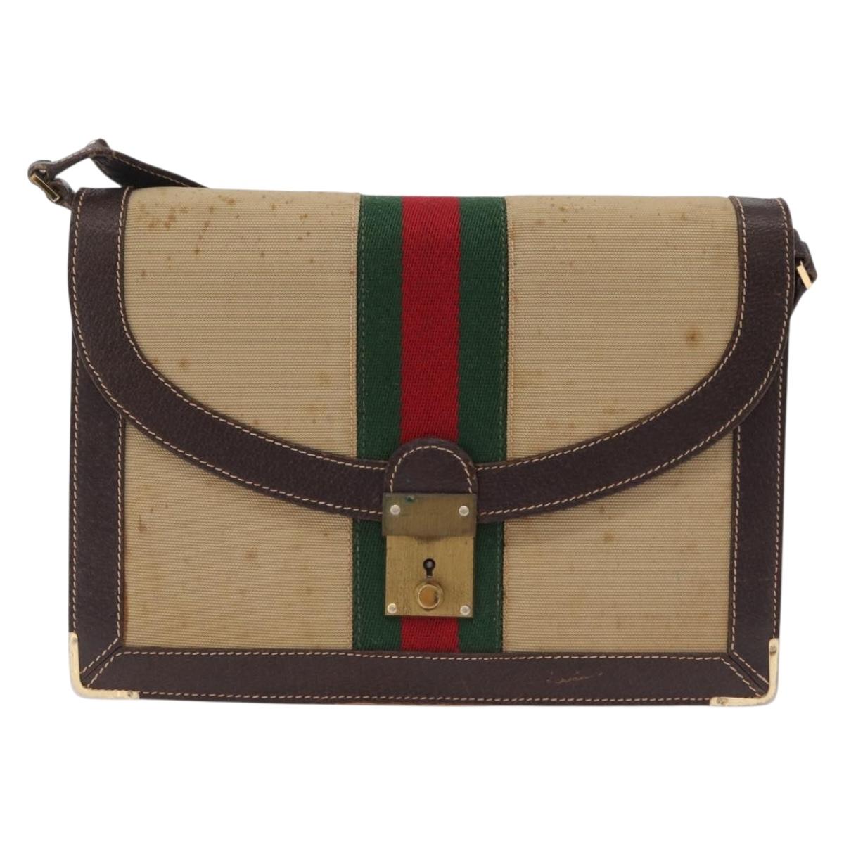GUCCI Web Sherry Line Shoulder Bag Canvas Beige Gold Auth ep16256