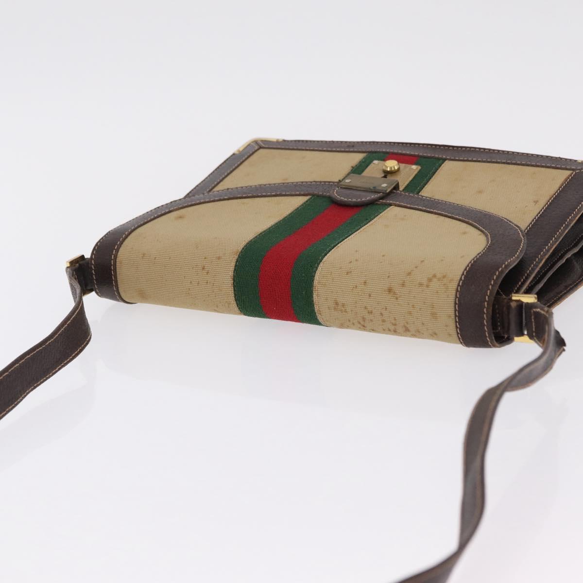 GUCCI Web Sherry Line Shoulder Bag Canvas Beige Gold Auth ep16256