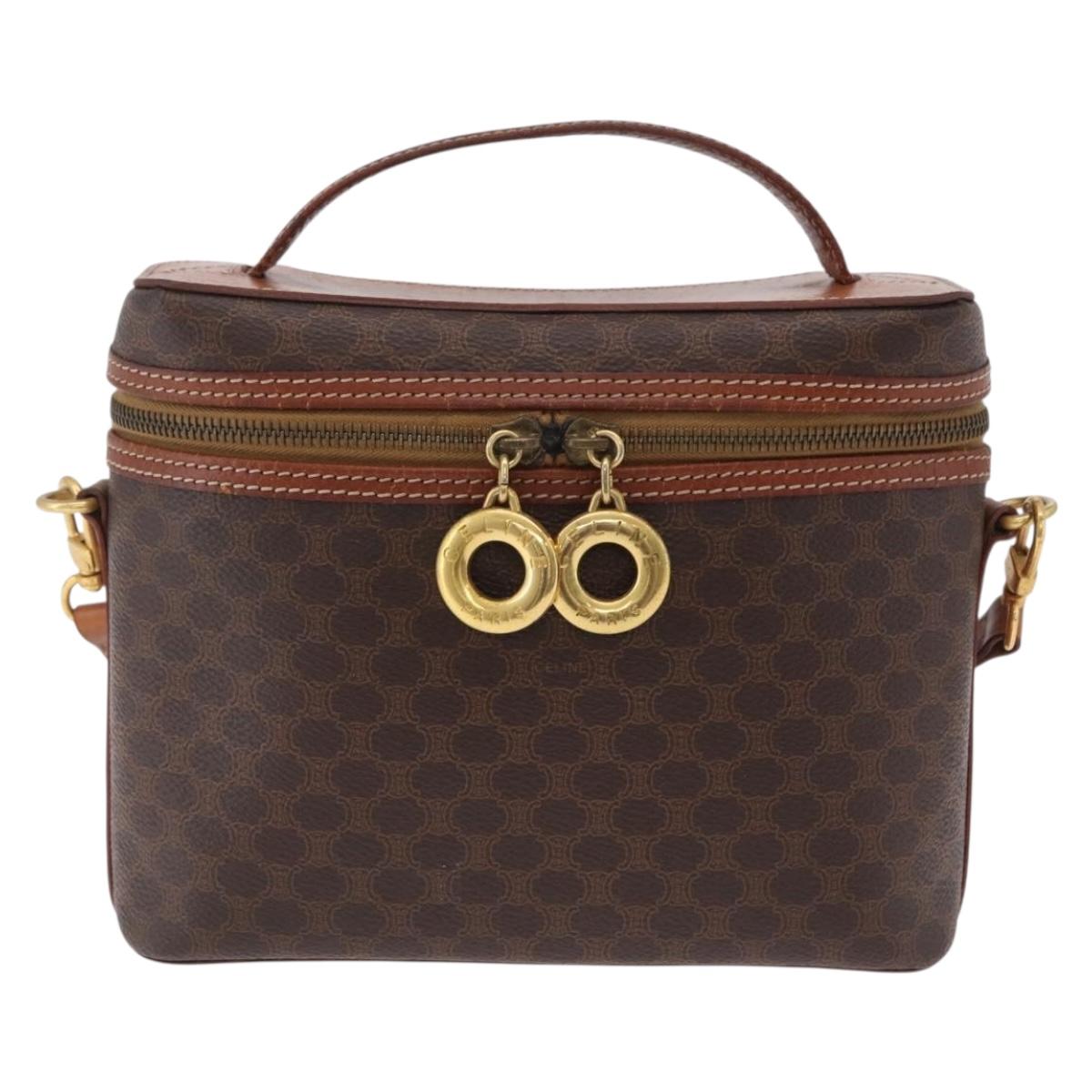 CELINE Macadam Canvas Vanity Hand Bag PVC Leather 2way Brown Gold Auth ep16269
