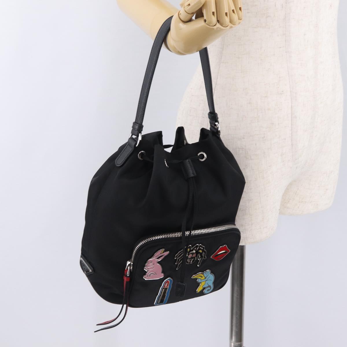 PRADA Hand Bag Nylon Black Silver Auth ep16275V