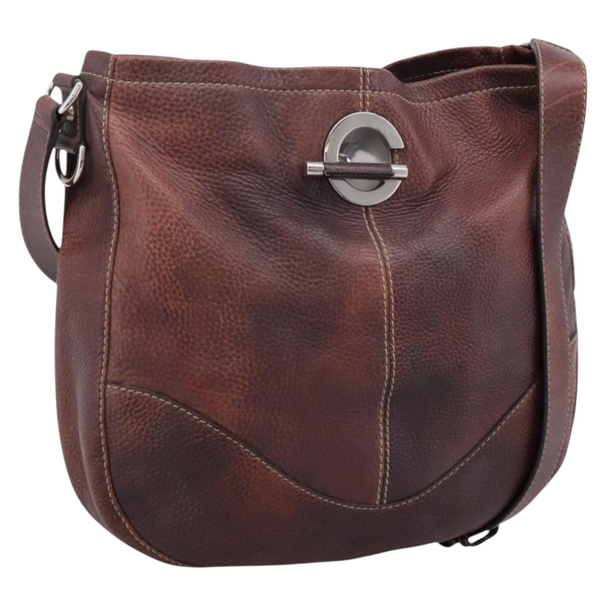 GUCCI Shoulder Bag Leather Wine Red Silver Auth ep16283