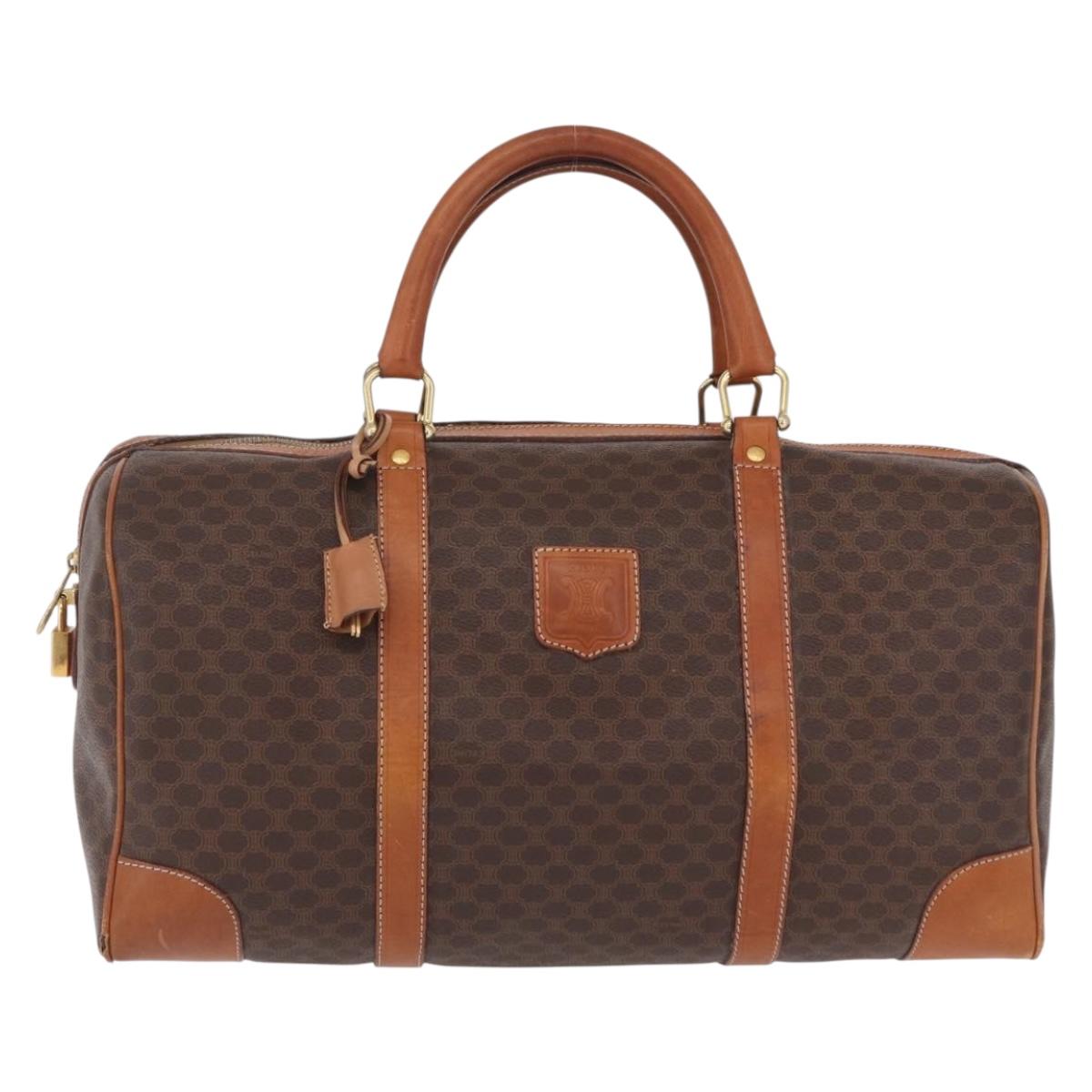 CELINE Macadam Canvas Boston Bag PVC Leather Brown Gold Auth ep16336