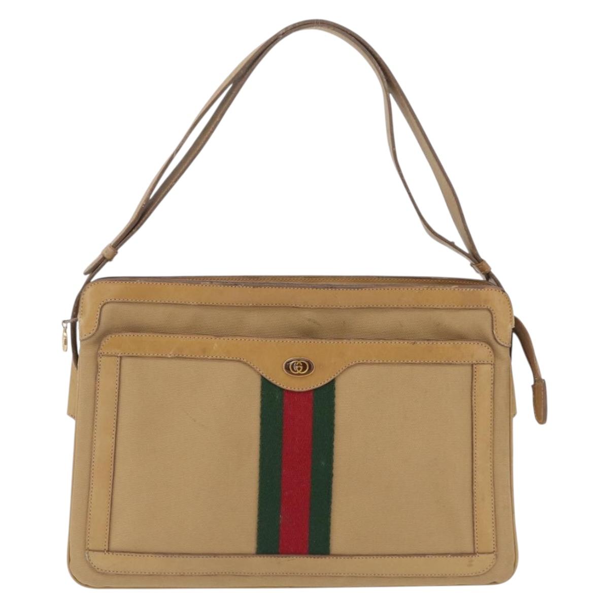 GUCCI Web Sherry Line Shoulder Bag Canvas Beige Gold Auth ep16340