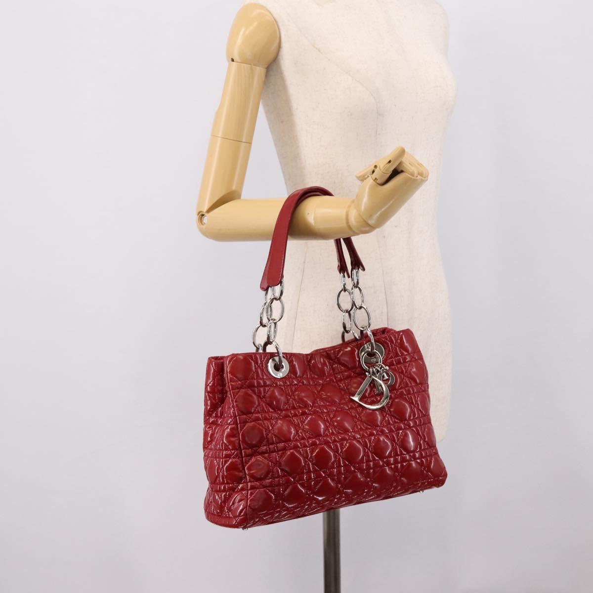 Christian Dior Canage Hand Bag Patent Leather Red Silver Auth ep16385