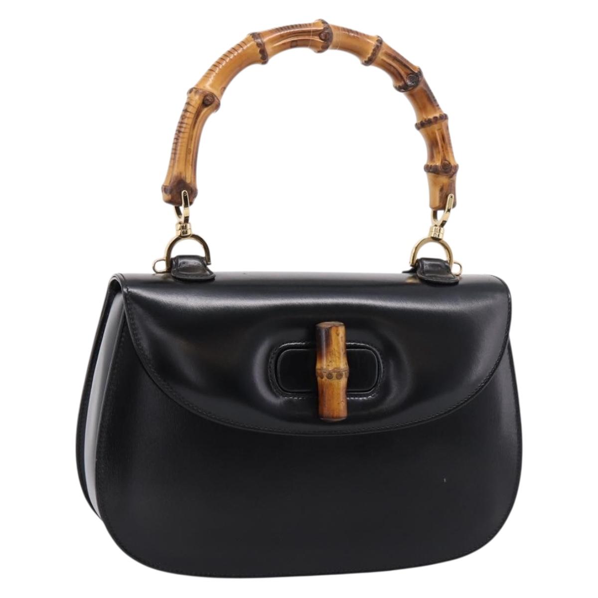 GUCCI Bamboo Hand Bag Leather 2way Black Gold 000 926 0633 Auth ep16411V