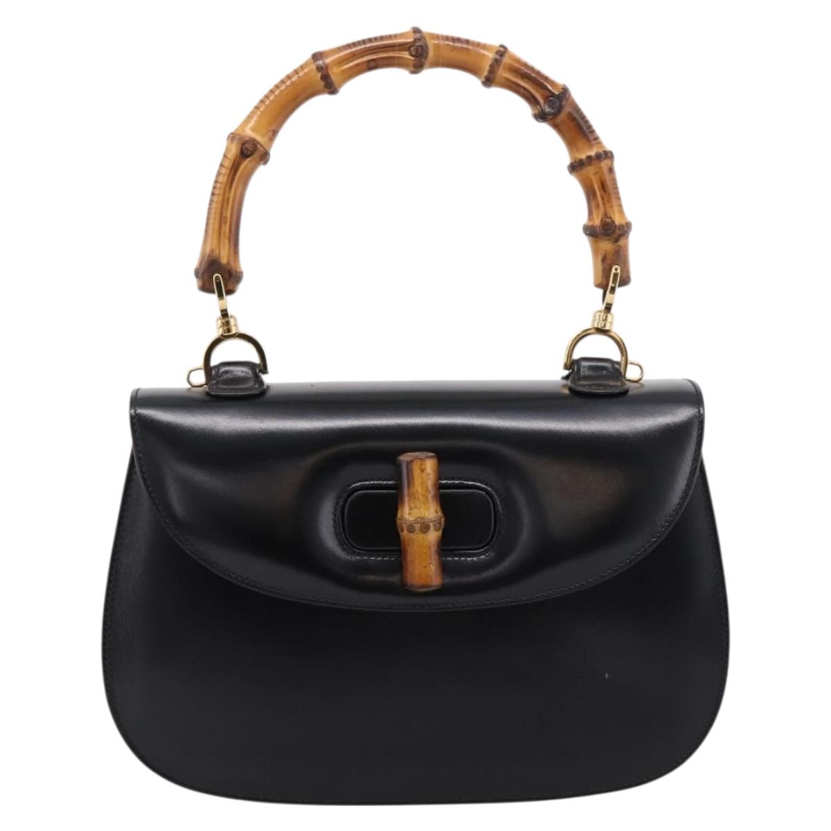 GUCCI Bamboo Hand Bag Leather 2way Black Gold 000 926 0633 Auth ep16411V