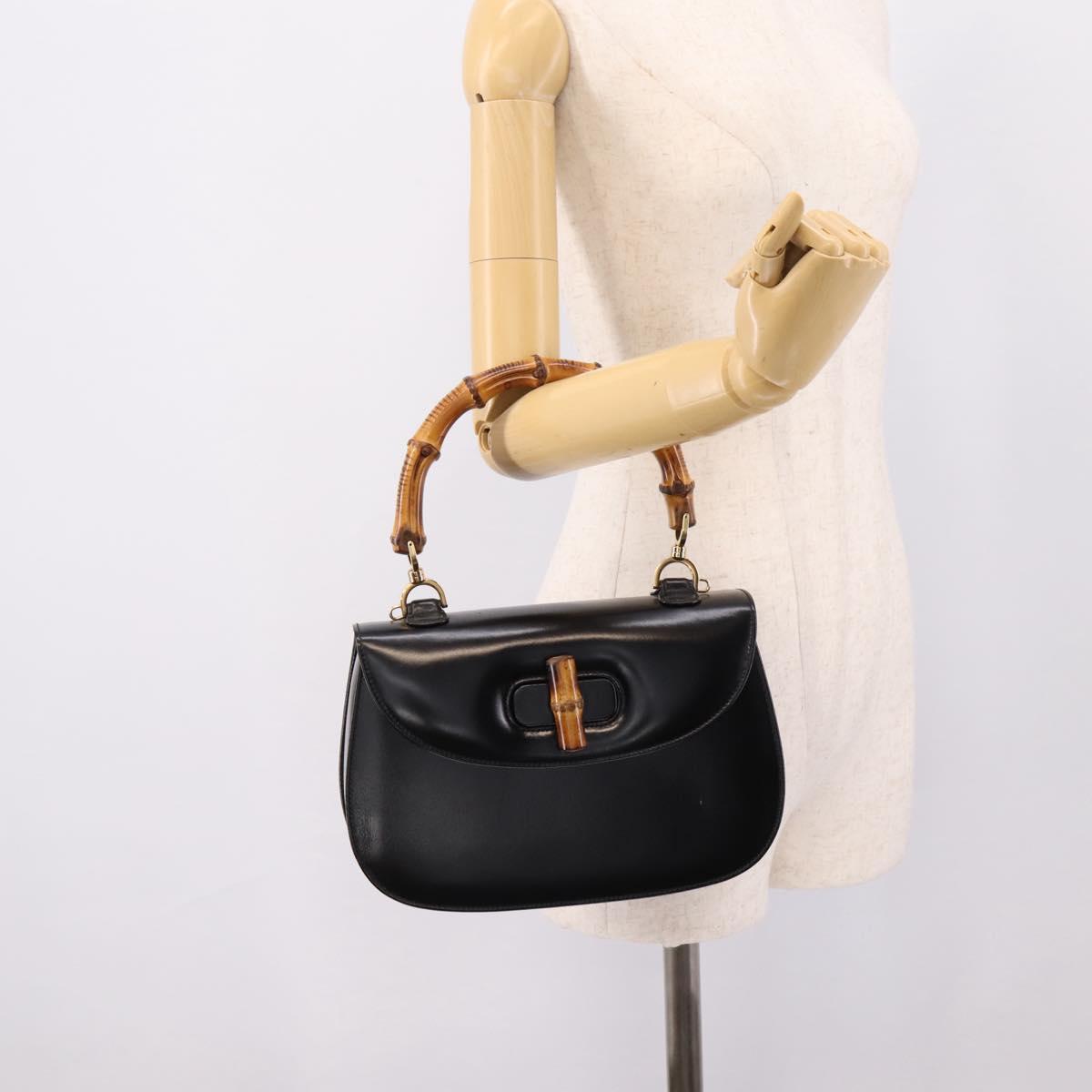 GUCCI Bamboo Hand Bag Leather 2way Black Gold 000 926 0633 Auth ep16411V