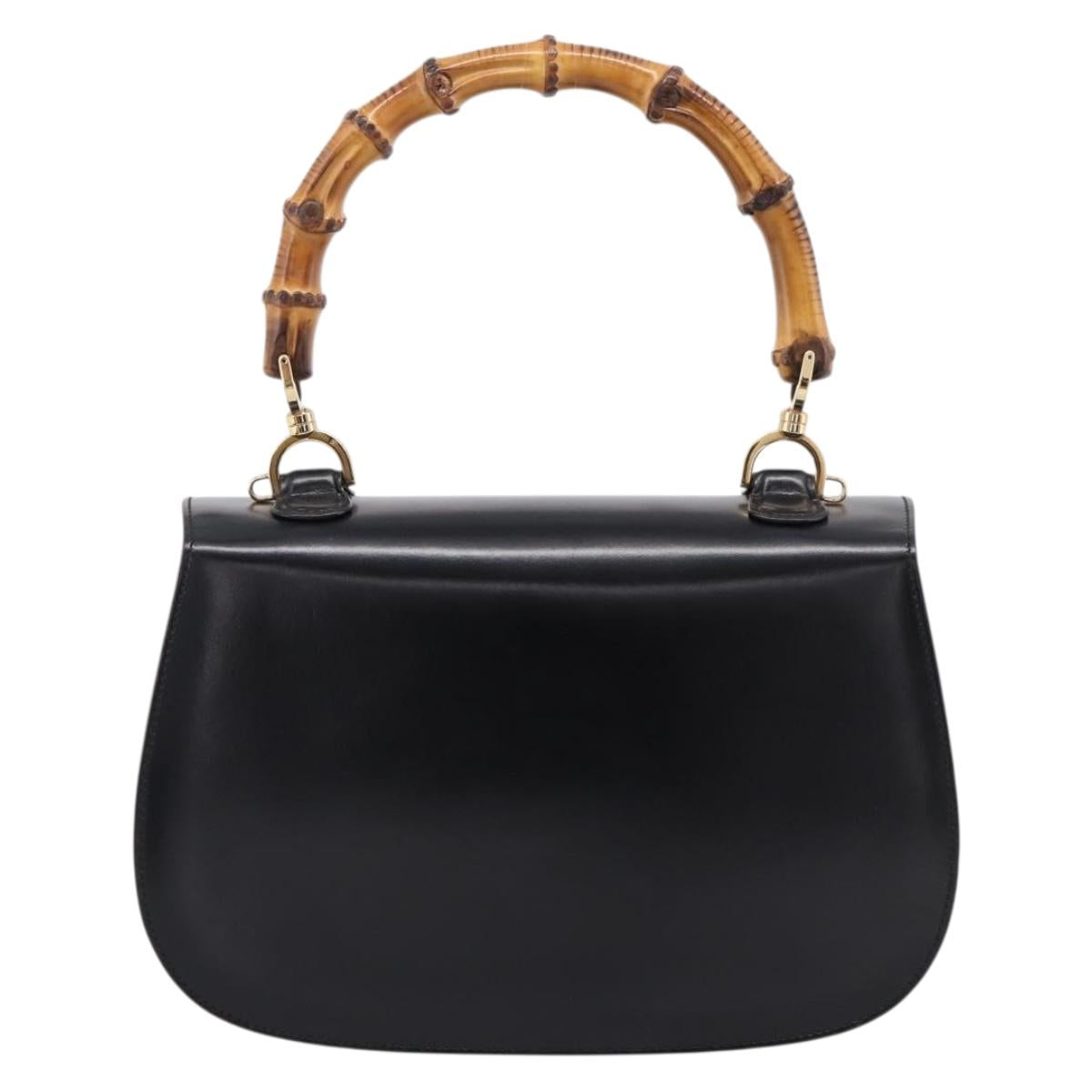 GUCCI Bamboo Hand Bag Leather 2way Black Gold 000 926 0633 Auth ep16411V