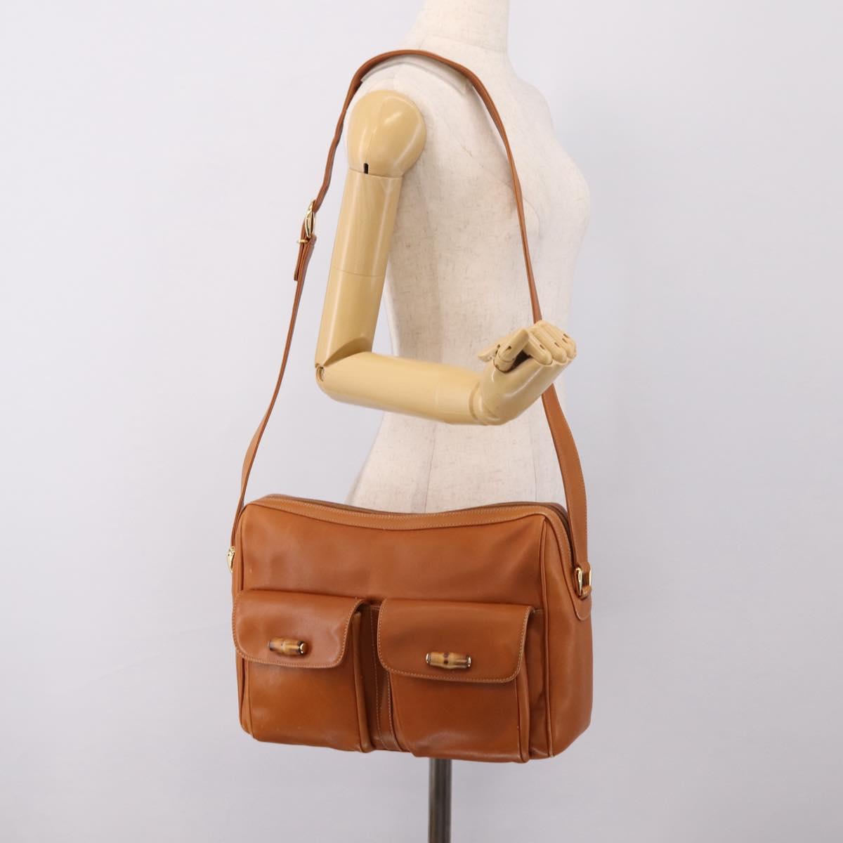 GUCCI Bamboo Shoulder Bag Leather Brown Gold Auth ep16426