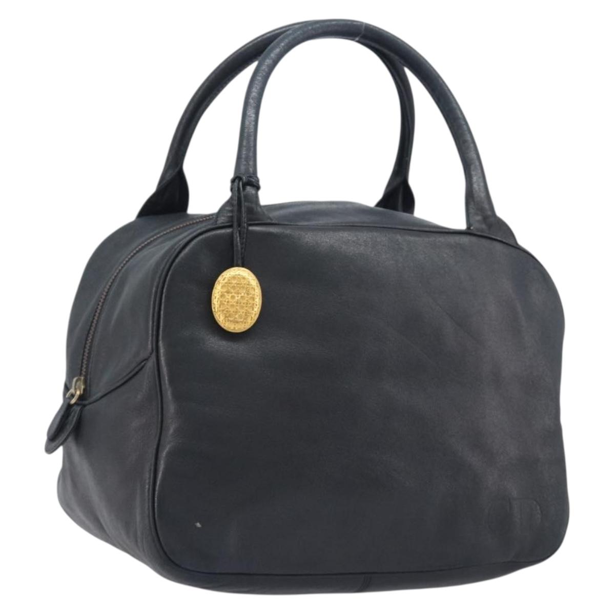 Christian Dior Hand Bag Leather Navy Gold Tone Auth ep16468