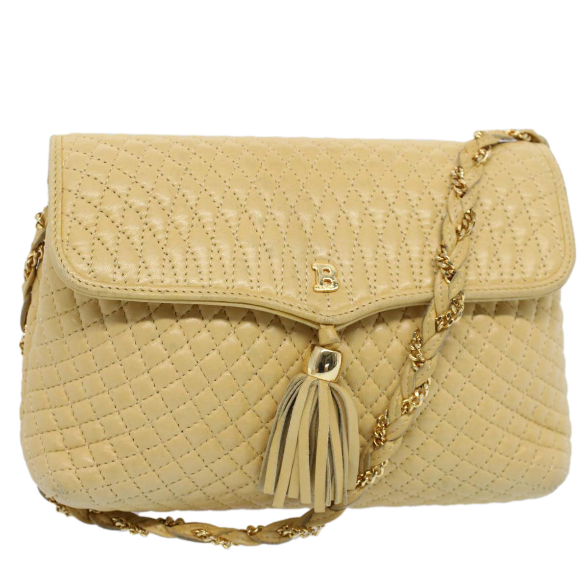 BALLY Quilted Chain Shoulder Bag Leather Beige Auth ep1649