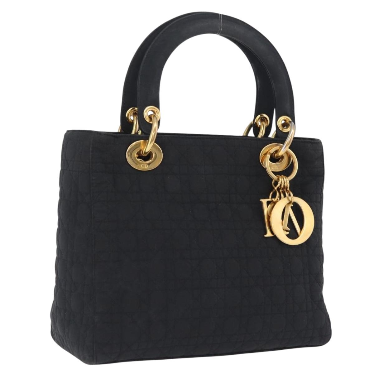 Christian Dior Lady Dior Canage Hand Bag Canvas Black Gold Auth ep16494