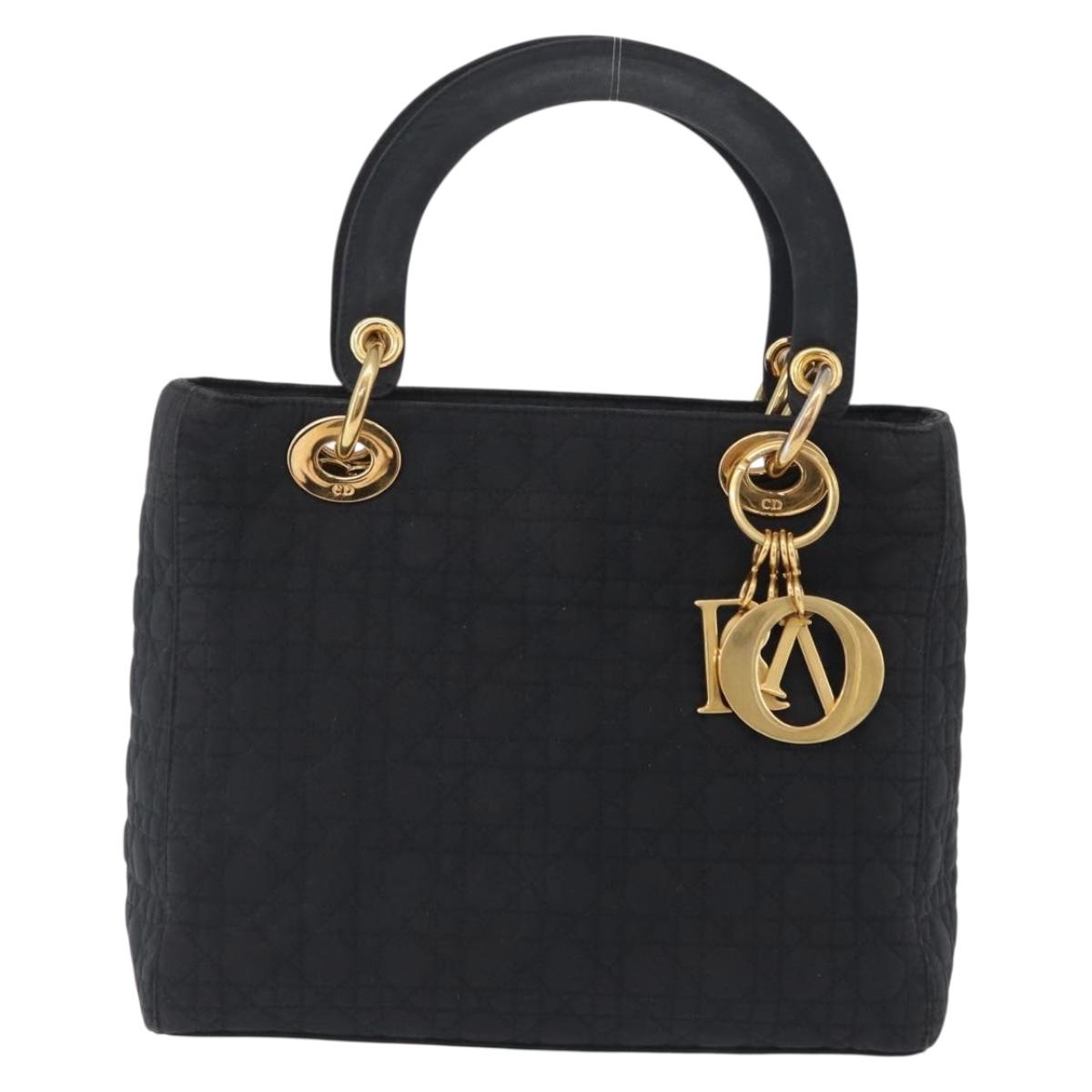 Christian Dior Lady Dior Canage Hand Bag Canvas Black Gold Auth ep16494