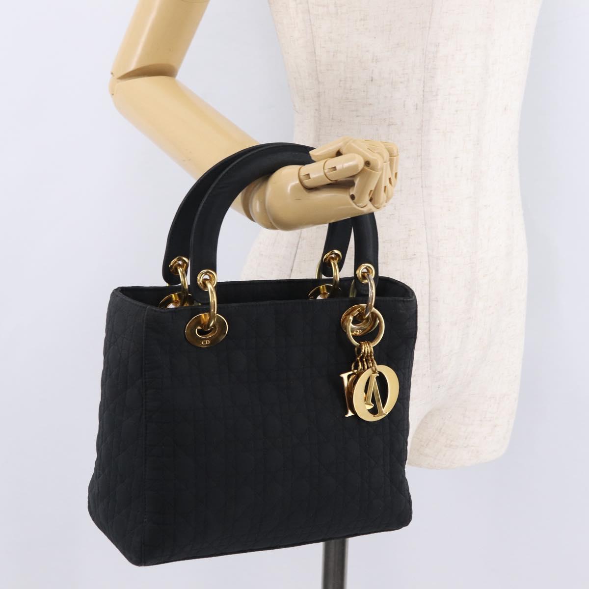 Christian Dior Lady Dior Canage Hand Bag Canvas Black Gold Auth ep16494