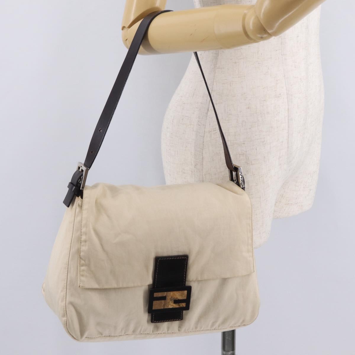 FENDI Mamma Baguette Shoulder Bag Canvas White Silver 26325 Auth ep16506A