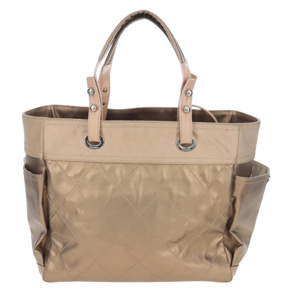 CHANEL Paris Biarritz Tote Bag Coated Canvas Gold Silver CC Auth ep16512V