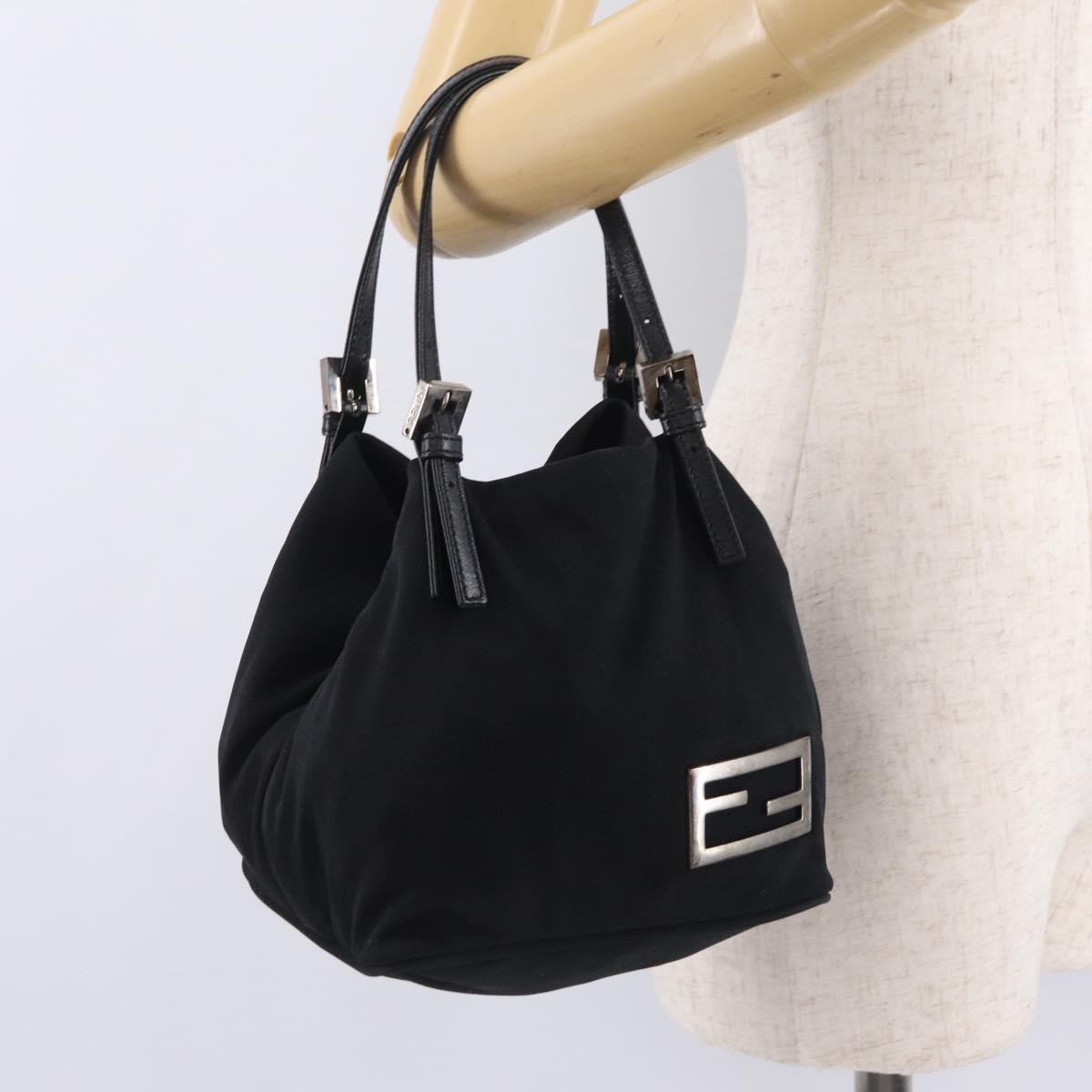 FENDI Hand Bag Cotton Jersey Black Silver Auth ep16540