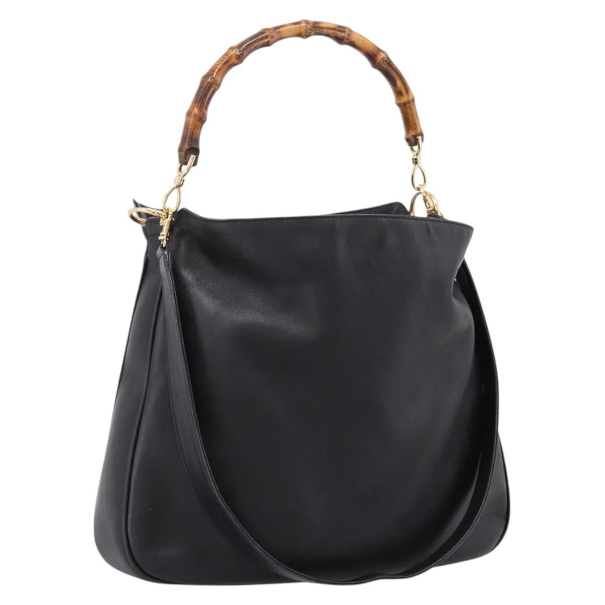 GUCCI Bamboo Hand Bag Leather 2way Black Gold 001 1014 1577 Auth ep16545