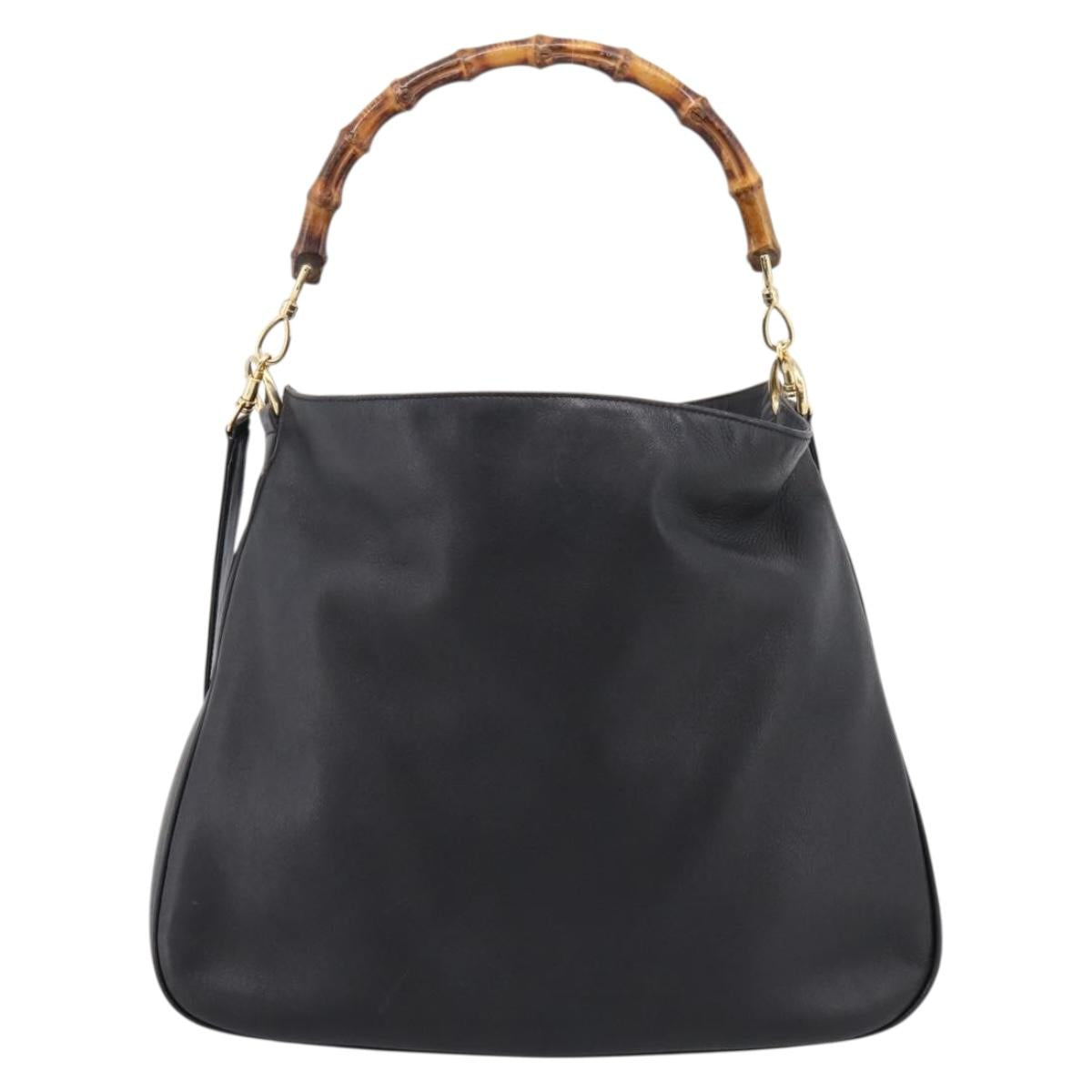 GUCCI Bamboo Hand Bag Leather 2way Black Gold 001 1014 1577 Auth ep16545