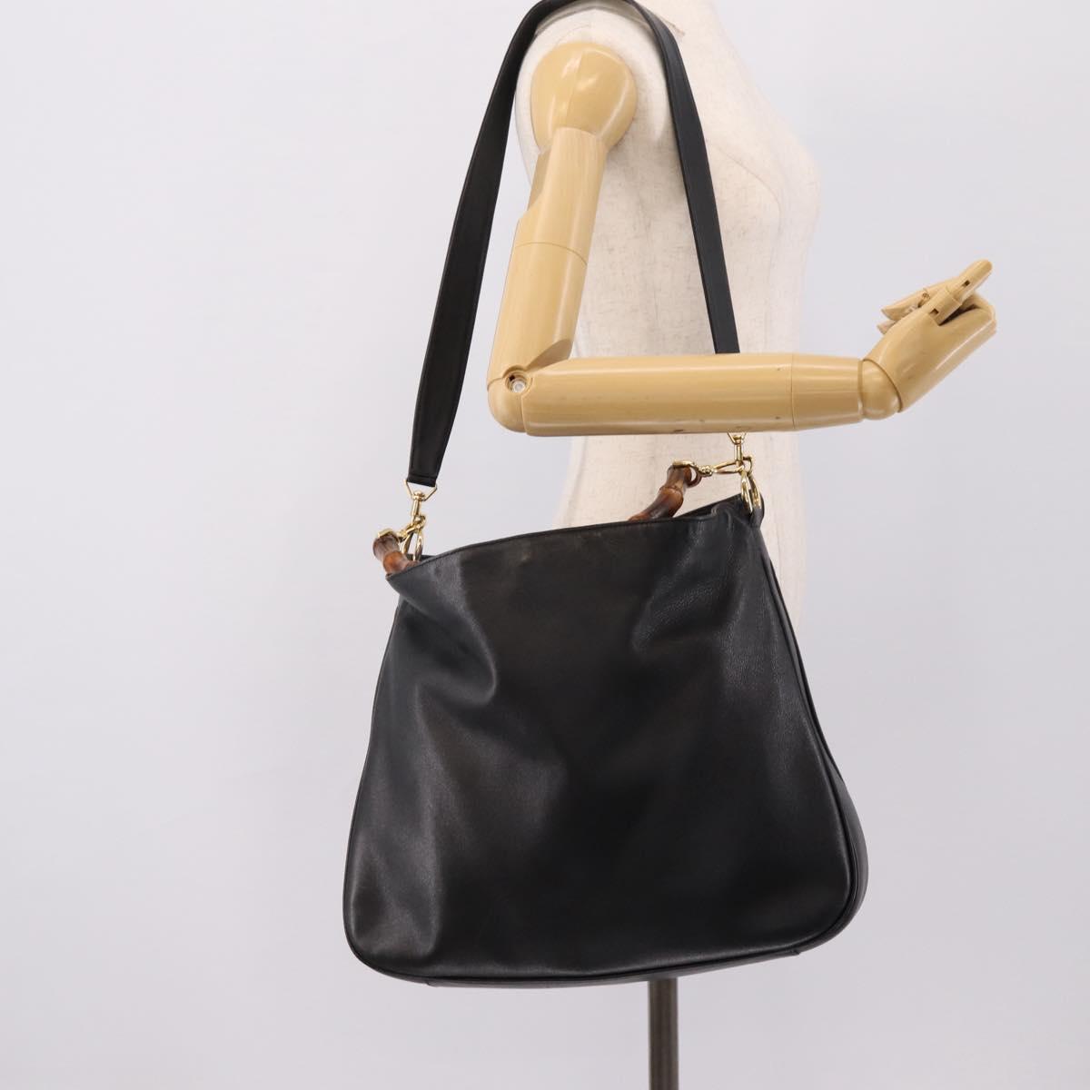 GUCCI Bamboo Hand Bag Leather 2way Black Gold 001 1014 1577 Auth ep16545