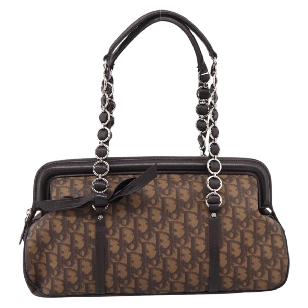 Christian Dior Trotter Canvas Romantic Hand Bag PVC Brown Silver Auth ep16550V