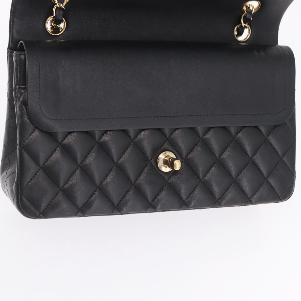 CHANEL Matelasse 25 Double Flap Chain Bag Lamb Skin Black CC Auth ep16553SAM