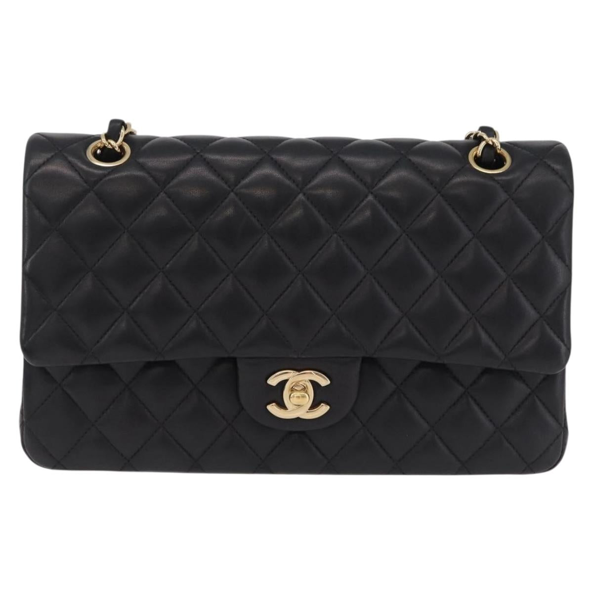 CHANEL Matelasse 25 Double Flap Chain Bag Lamb Skin Black CC Auth ep16553SAM
