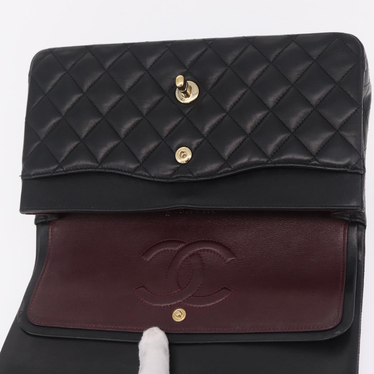 CHANEL Matelasse 25 Double Flap Chain Bag Lamb Skin Black CC Auth ep16553SAM
