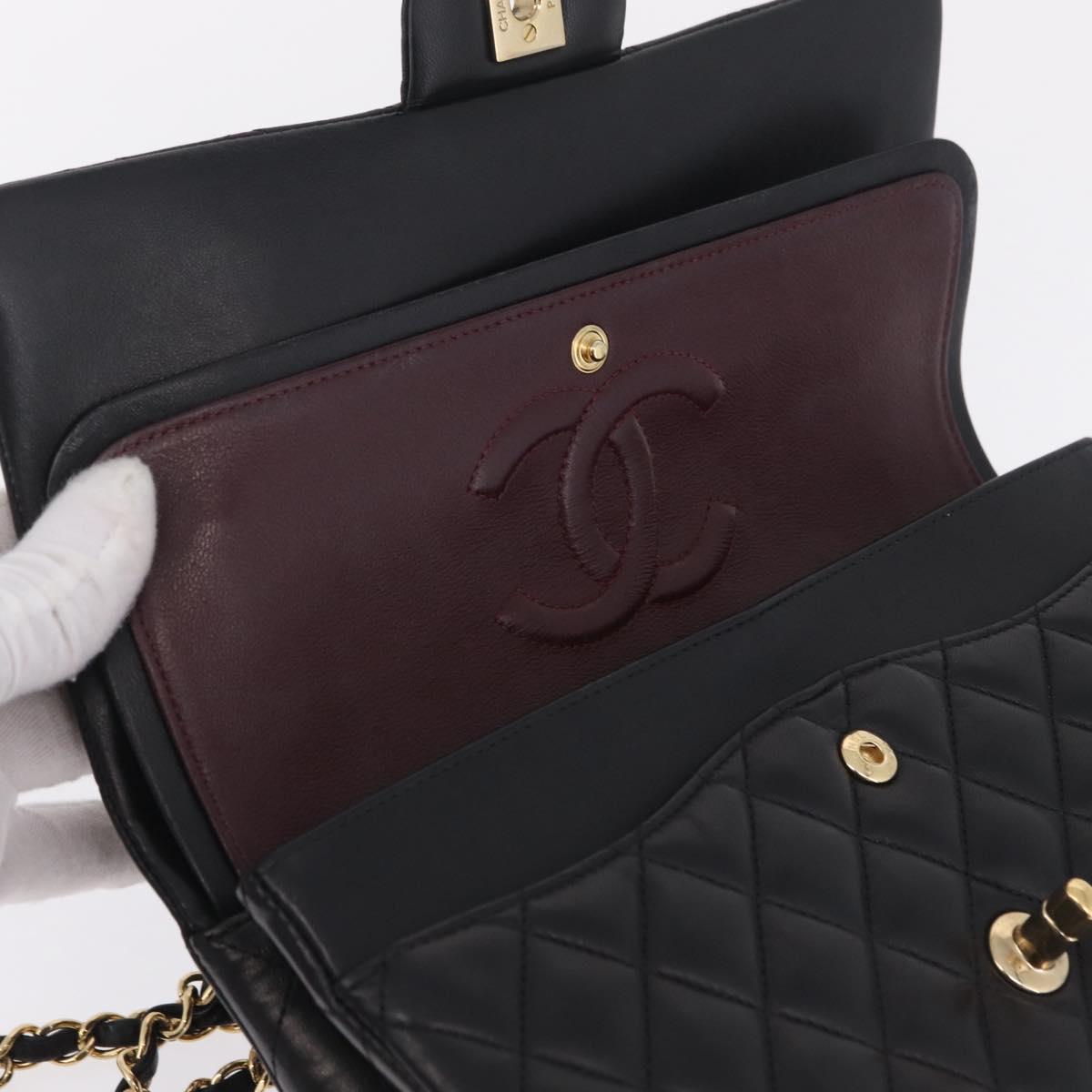 CHANEL Matelasse 25 Double Flap Chain Bag Lamb Skin Black CC Auth ep16553SAM
