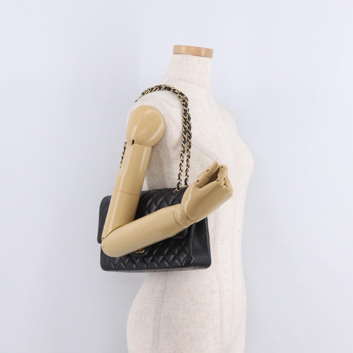 CHANEL Matelasse 25 Double Flap Chain Bag Lamb Skin Black CC Auth ep16553SAM