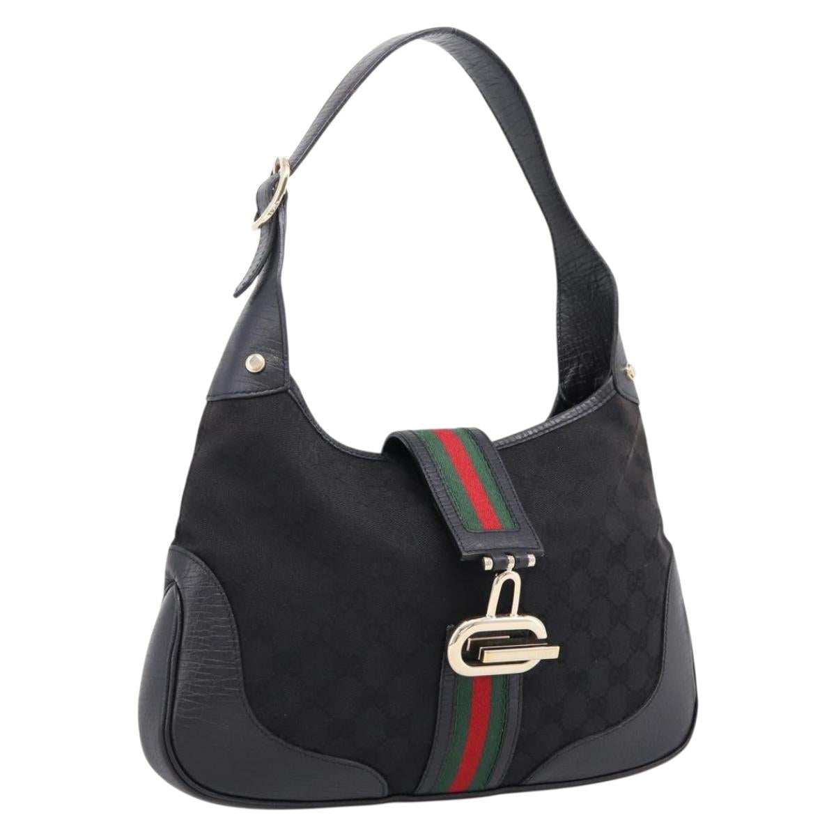 GUCCI GG Canvas Jackie Shoulder Bag Black Gold Tone 130779 Auth ep16572V