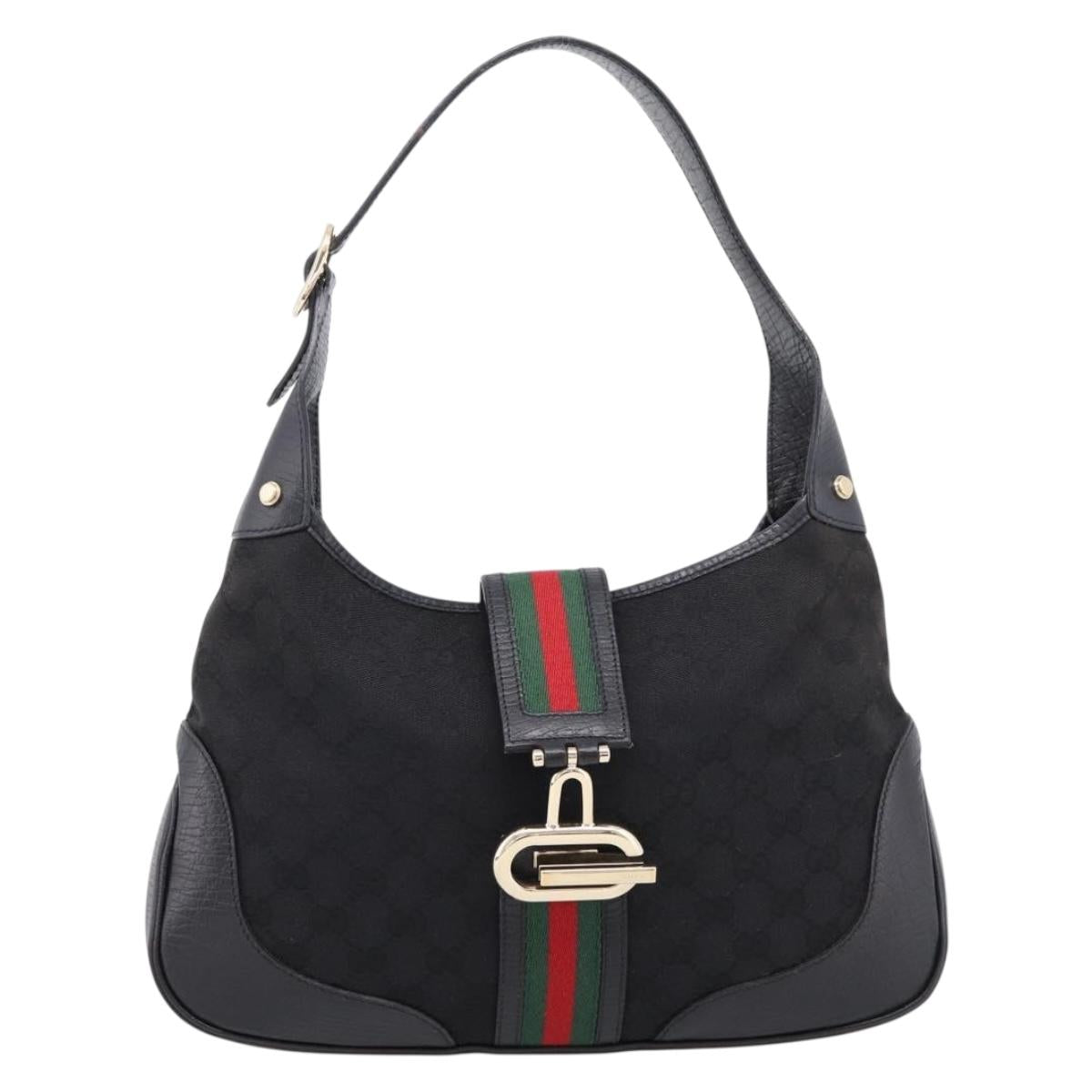 GUCCI GG Canvas Jackie Shoulder Bag Black Gold Tone 130779 Auth ep16572V