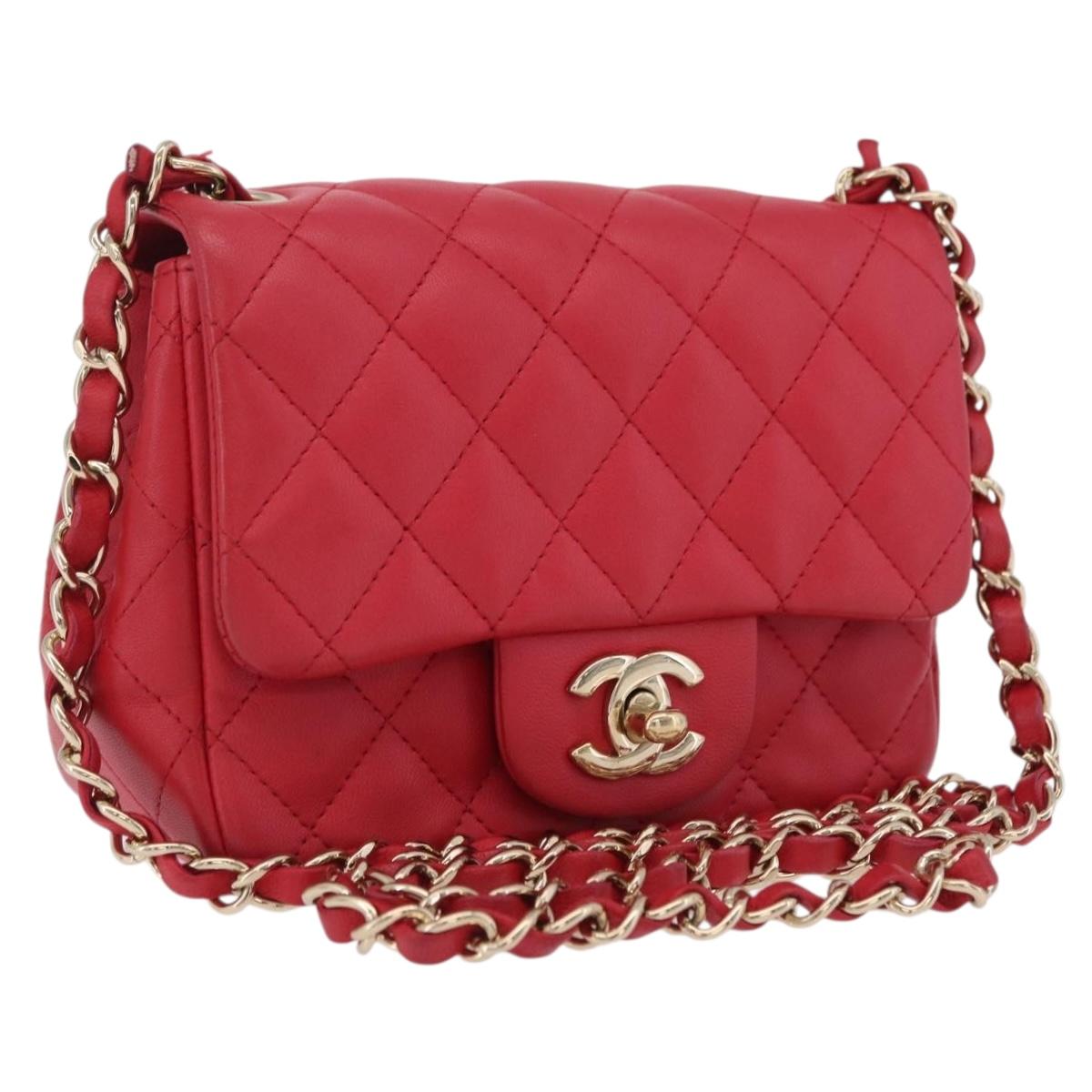 CHANEL Mini Matelasse 17 Chain Shoulder Bag Lamb Skin Red Gold Auth ep16596SAM
