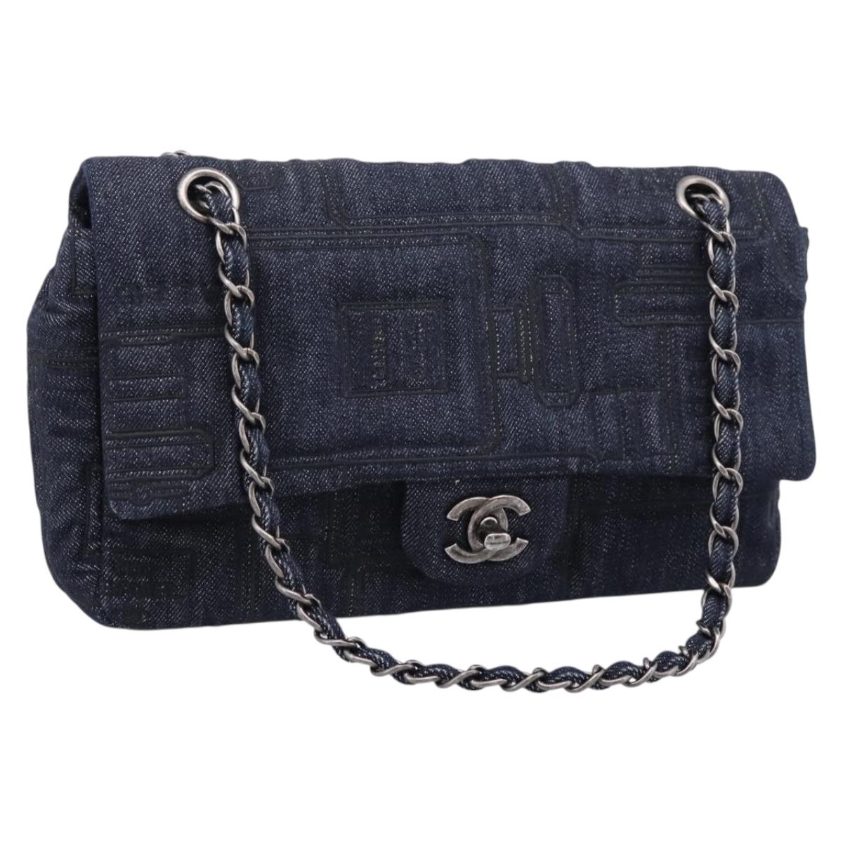 CHANEL Embroidery Chain Shoulder Bag Denim Blue A91102 CC Auth ep16598SM