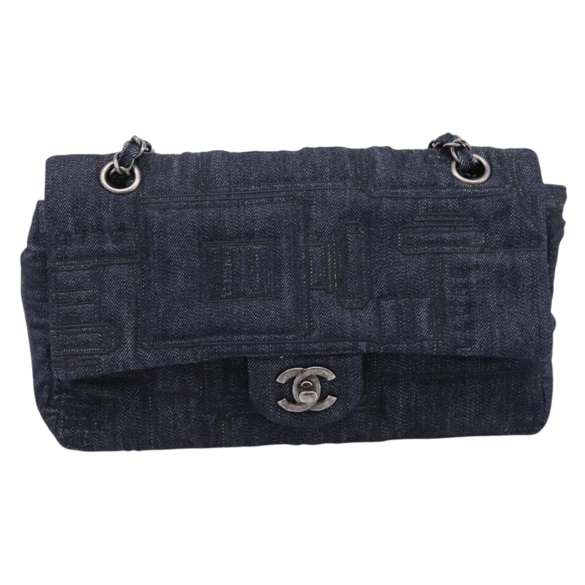 CHANEL Embroidery Chain Shoulder Bag Denim Blue A91102 CC Auth ep16598SM