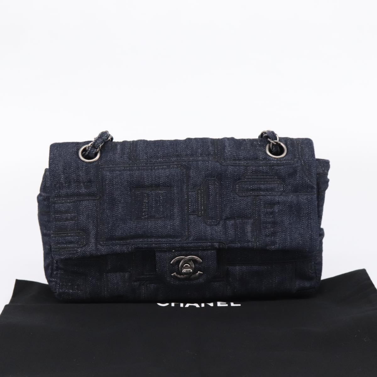 CHANEL Embroidery Chain Shoulder Bag Denim Blue A91102 CC Auth ep16598SM