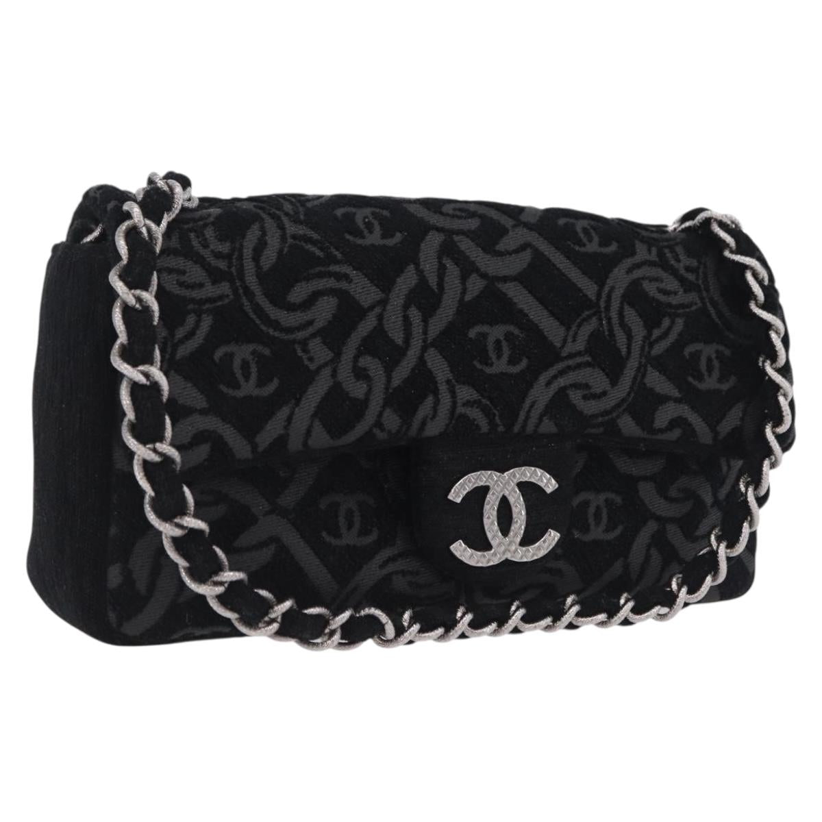 CHANEL Jacquard Chain Shoulder Bag Cotton Black Silver CC Auth ep16600SM