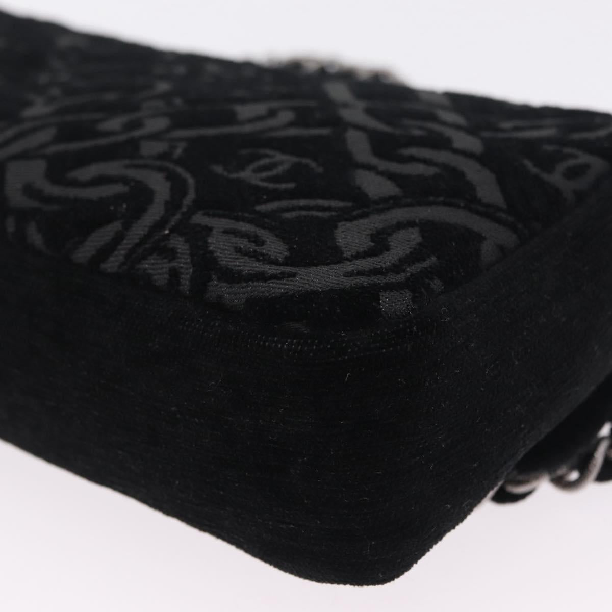 CHANEL Jacquard Chain Shoulder Bag Cotton Black Silver CC Auth ep16600SM