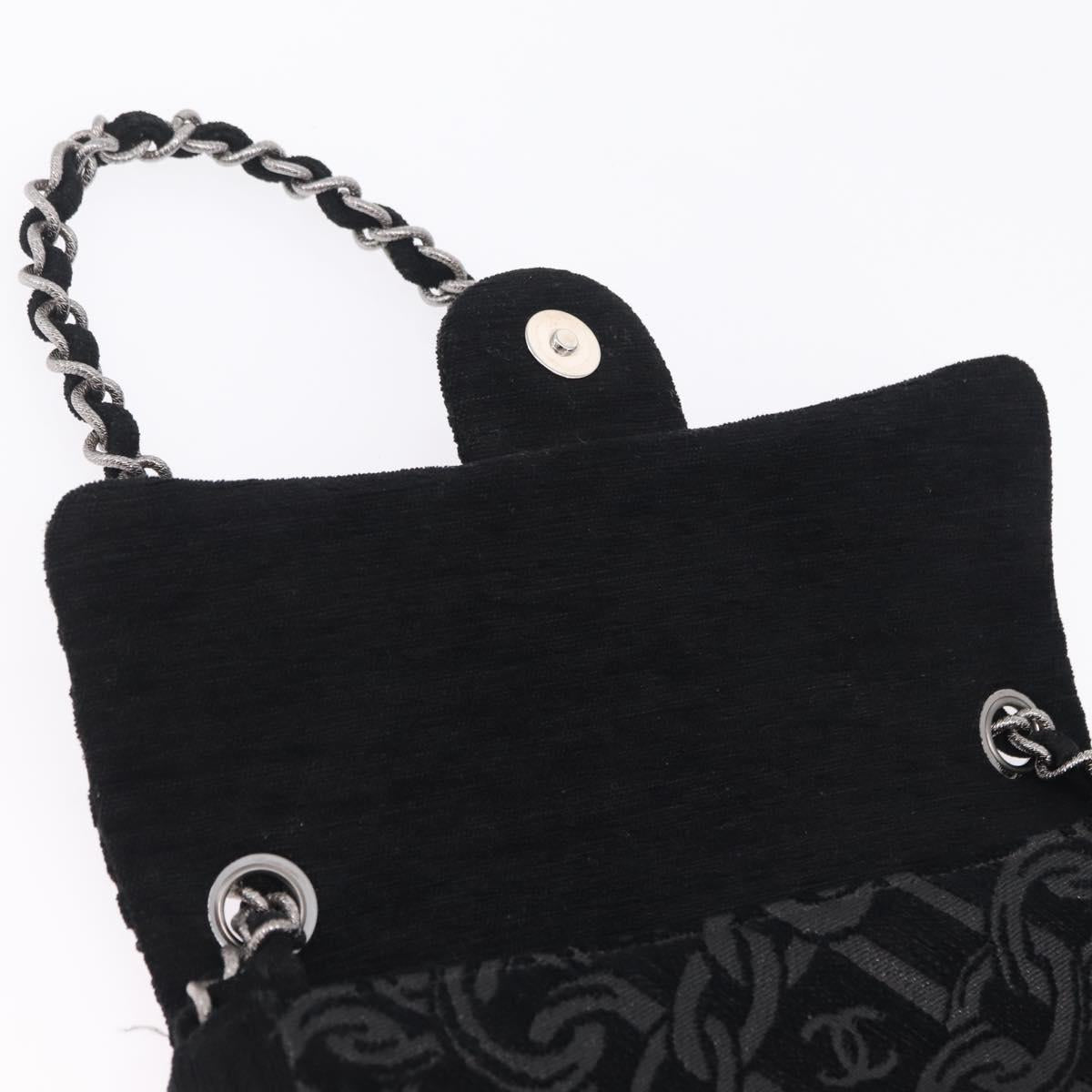 CHANEL Jacquard Chain Shoulder Bag Cotton Black Silver CC Auth ep16600SM