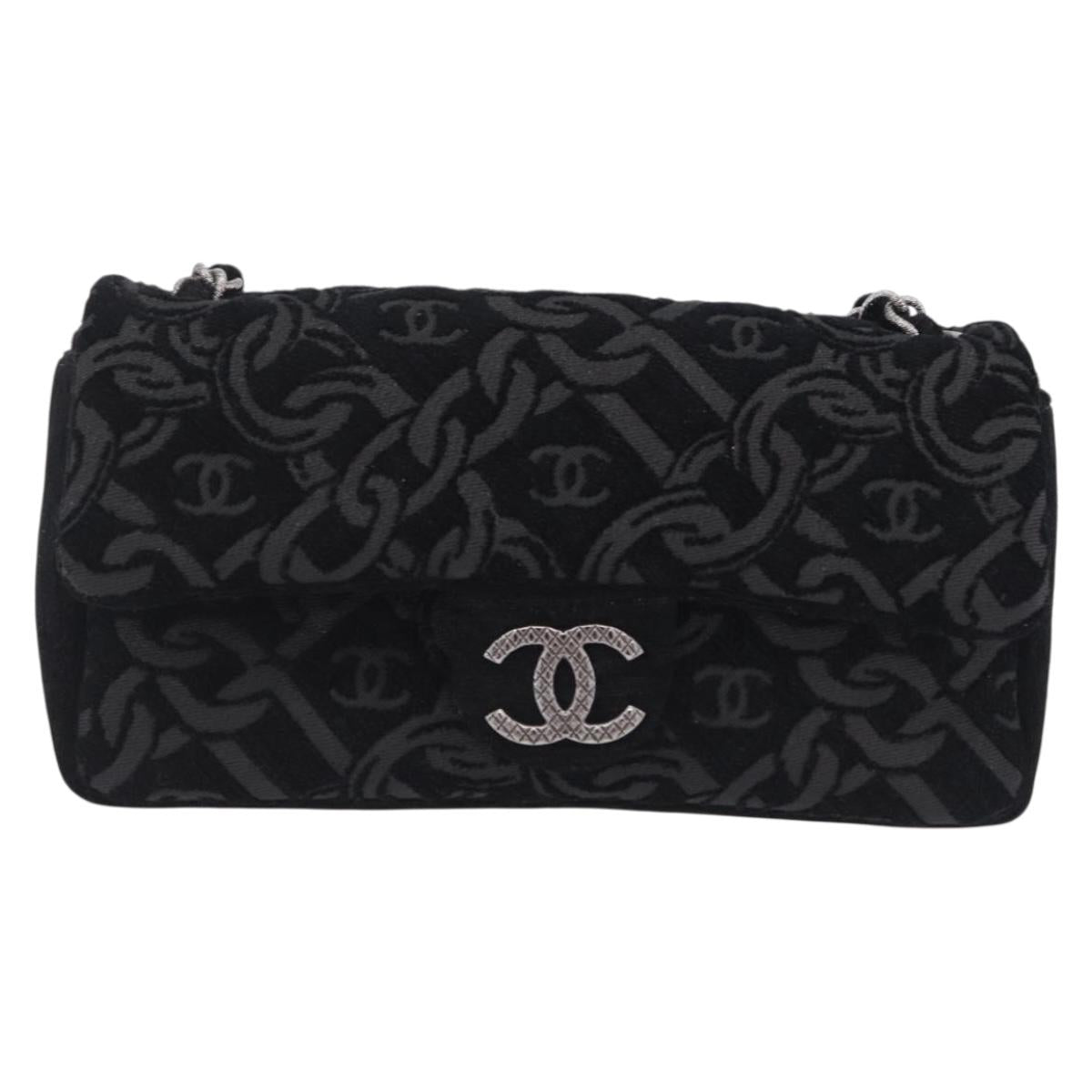 CHANEL Jacquard Chain Shoulder Bag Cotton Black Silver CC Auth ep16600SM