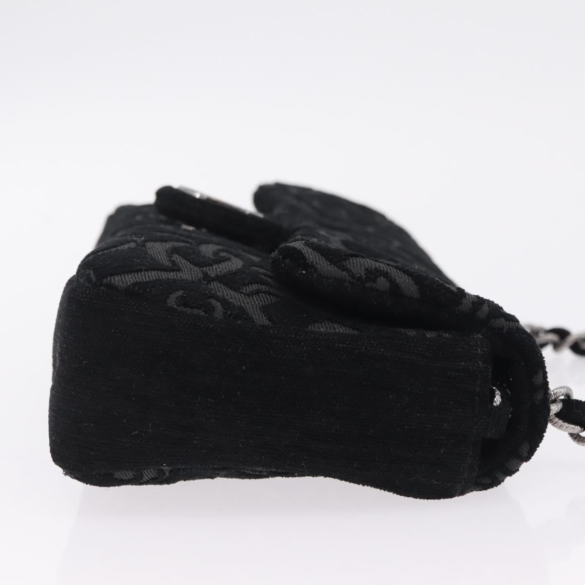 CHANEL Jacquard Chain Shoulder Bag Cotton Black Silver CC Auth ep16600SM