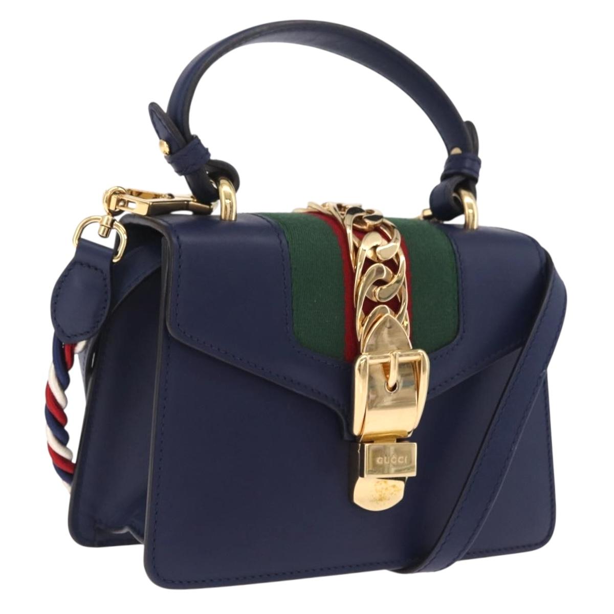 GUCCI Web Sherry Line Silvi Hand Bag Leather 2way Navy Gold 470270 Auth ep16603V