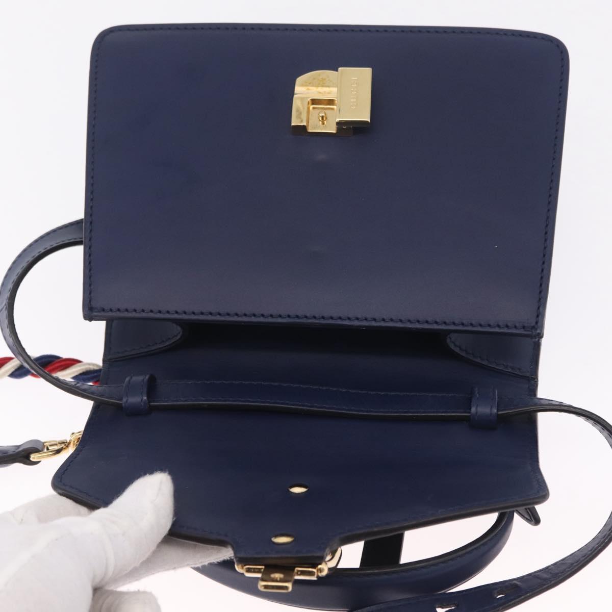 GUCCI Web Sherry Line Silvi Hand Bag Leather 2way Navy Gold 470270 Auth ep16603V
