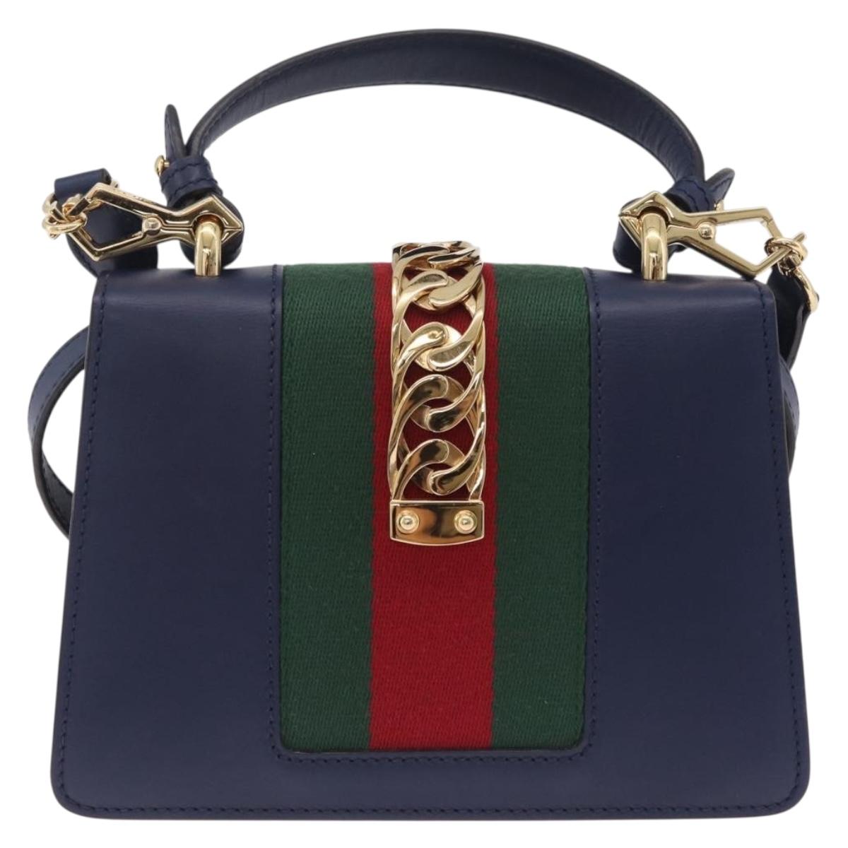 GUCCI Web Sherry Line Silvi Hand Bag Leather 2way Navy Gold 470270 Auth ep16603V