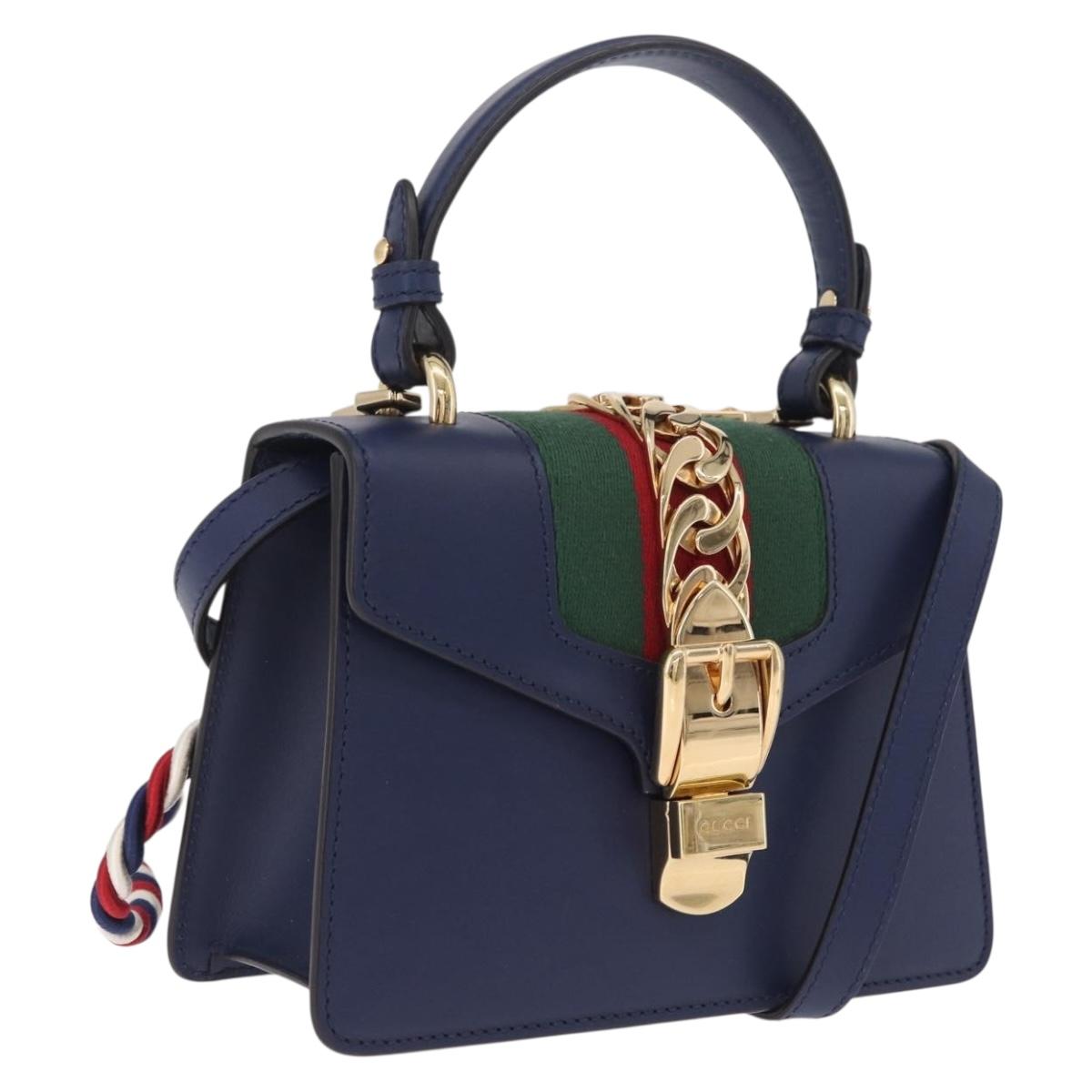 GUCCI Web Sherry Line Silvi Hand Bag Leather 2way Navy Gold 470270 Auth ep16604V