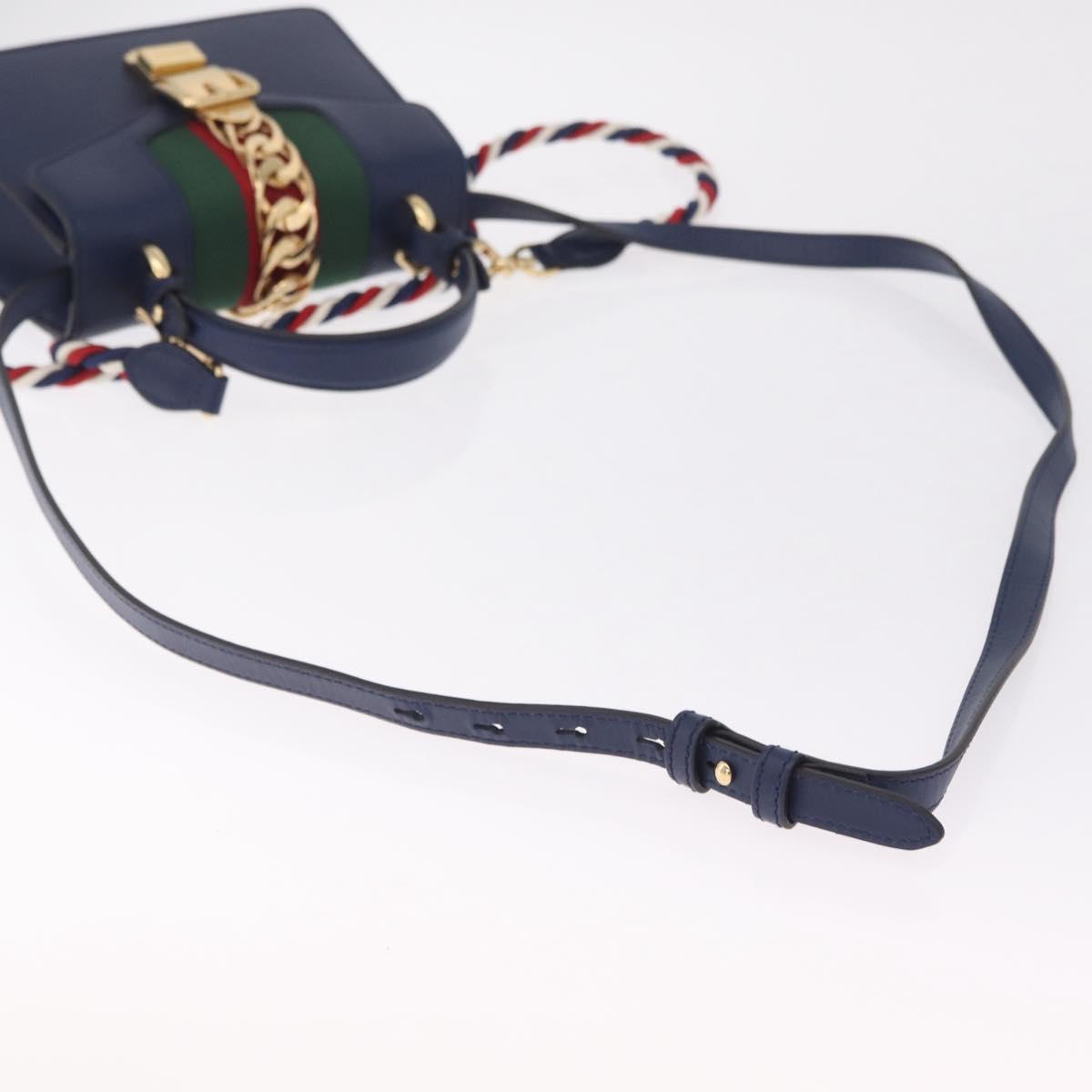 GUCCI Web Sherry Line Silvi Hand Bag Leather 2way Navy Gold 470270 Auth ep16604V