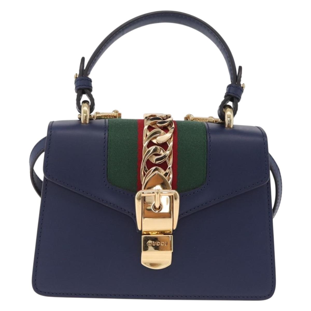 GUCCI Web Sherry Line Silvi Hand Bag Leather 2way Navy Gold 470270 Auth ep16604V