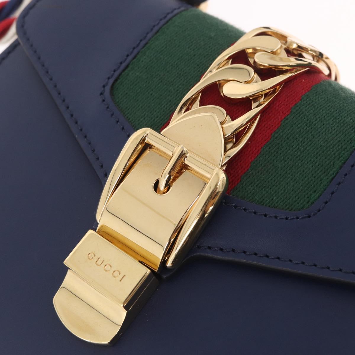 GUCCI Web Sherry Line Silvi Hand Bag Leather 2way Navy Gold 470270 Auth ep16604V